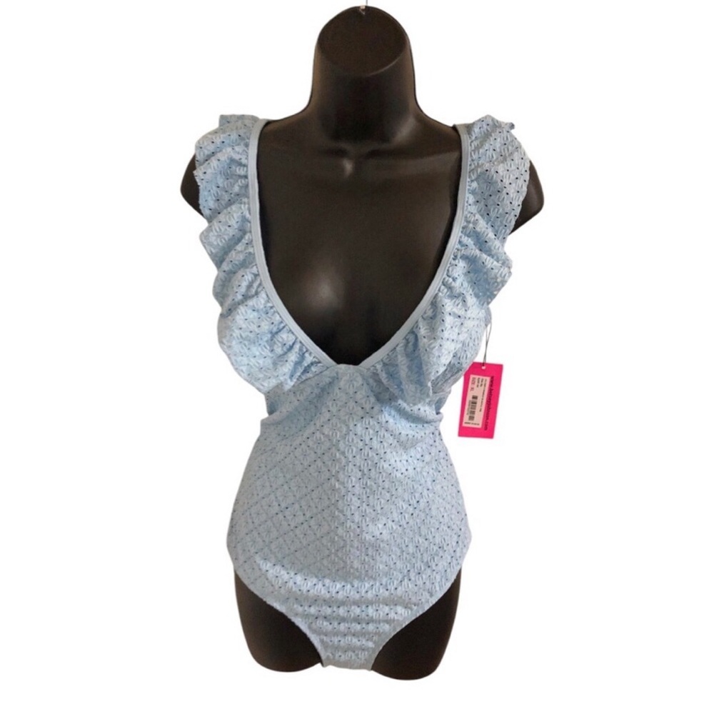 Betsey Johnson Clear sky blue 1piece Ruffle strap eyelet Swimsuit size large new - Picture 4 of 15